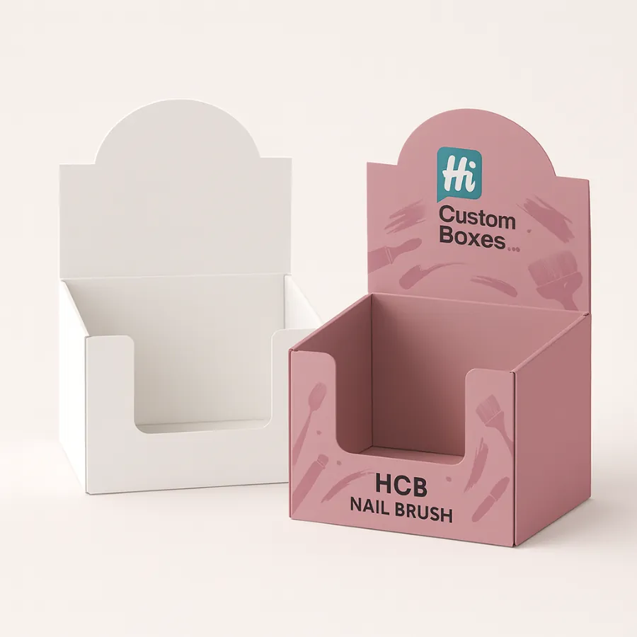 Cardboard shelf display boxes with curved headers- shown in plain white and branded pink versions- class=